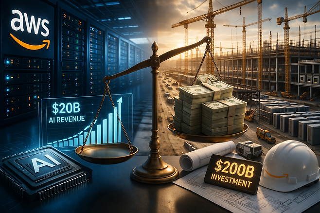 아마존 웹서비스(AWS) 데이터센터와 인공지능(AI) 인프라 투자를 상징적으로 표현한 이미지. 서버 시설과 건설 현장을 대비시켜 AI 매출 확대와 동시에 커지는 투자 부담을 시각화했다. 챗GPT로 생성한 AI 이미지.