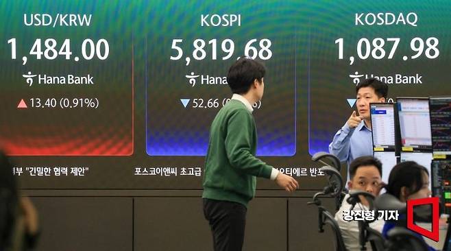 지난 9일 서울 중구 하나은행 딜링룸 전광판에 국내증시 지수가 표시돼 있다. 강진형 기자