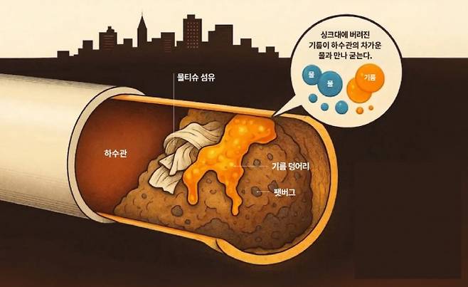 물티슈의 길고 질긴 섬유 구조는 하수관 내에서 차가운 물과 만나 굳은 기름 덩어리와 엉킨다. 여기에 머리카락 등 다른 고체 협잡물까지 엉키면 거대한 덩어리가 생겨 하수관을 막는다. 이때 생긴 덩어리를 빙산(iceberg)에 빗대 팻버그(fatberg)라고 부른다. AI 생성 이미지