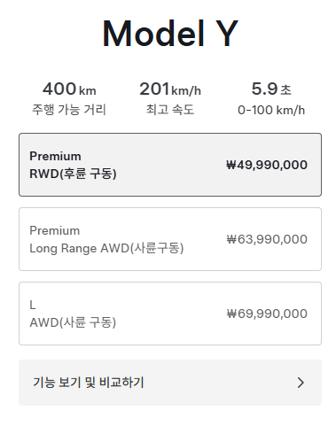 모델 Y 시리즈 가격. 테슬라 코리아 홈페이지 캡처