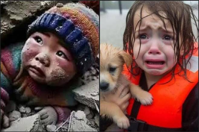 재난·재해 발생 상황에서 중국과 미국에서 각각 유포된 AI 조작물(사진=웨이보, 엑스 갈무리)