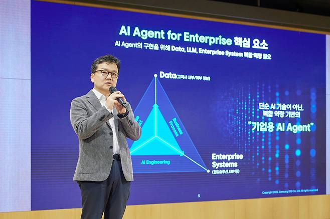이준희 삼성SDS 대표이사(사장)가 26일 잠실캠퍼스에서 열린 미디어데이에서 인공지능(AI) 에이전트 서비스 사업 전략을 발표하고 있다. / 삼성SDS 제공