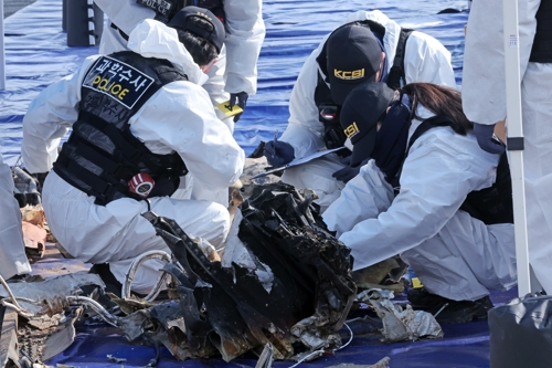 지난 2월 12일 무안국제공항에서 국립과학수사연구원 관계자들이 12·29 제주항공 여객기 참사 사고기 잔해를 조사하고 있다. <무안=연합뉴스>
