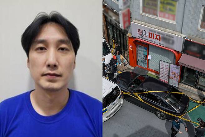 서울 관악구 피자가게에서 흉기를 휘둘러 3명을 살해한 혐의를 받는 김동원 머그샷. 오른쪽은 지난해 9월3일 관악구 조원동 칼부림 사건이 발생한 피자가게에서 과학수사대가 현장조사를 하고 있다. 서울경찰청 제공·뉴시스