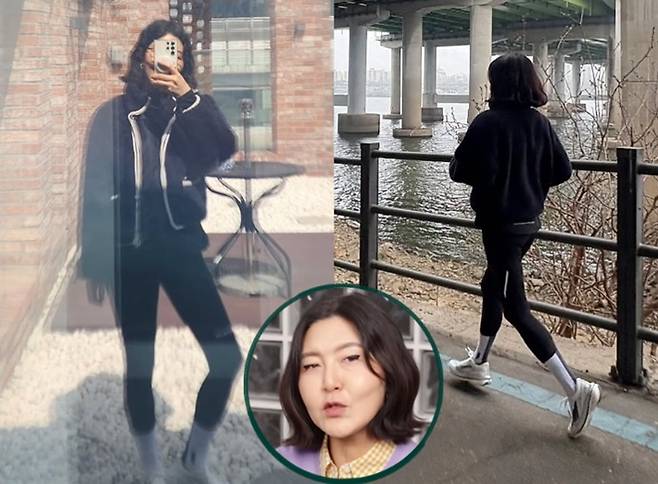 스타일리스트 한혜연이 운동 중 슬림해진 레깅스핏 몸매를 공개했다. 사진=한혜연 SNS, 유튜브