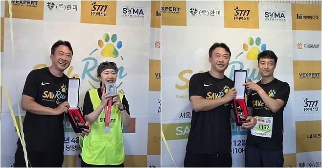 통합 부문에서는 심재하 서서울호수동물병원 원장(오른쪽)이 남자 1위를, 김선경 서울시수의사회 사무국 팀장이 여자 1위를 차지했다. ⓒ 뉴스1 한송아 기자