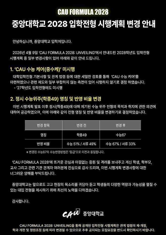 중앙대 입학처 홈페이지.