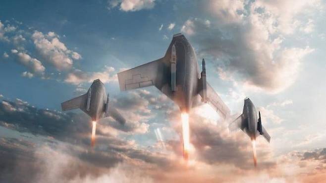 실드 AI가 지난해 10월 21일(현지사간) 공개한 X-BAT의 수직이착륙 개념. '하이브마인드' 인공지능(AI) 자율 플랫폼을 기반으로 육상과 해상 등 배치 유연성이 높다. 최대 상승 고도 5만피트(약1만5240m) 이상, 마하 1.2 이상의 속도를 낼 수 있다. (그래픽 이미지 자료) 실드 AI 공식 X 계정 캡처