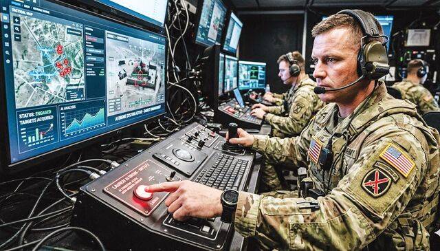 가상의 군인들이 목표물이 표시된 모니터 속 지도를 바라보며 ‘버튼’을 누르고 있다. 드론과 인공지능(AI) 등 기술 발달로 전쟁의 양상이 바뀌고 있는 모습을 상징적으로 보여준다. AI 생성 이미지
