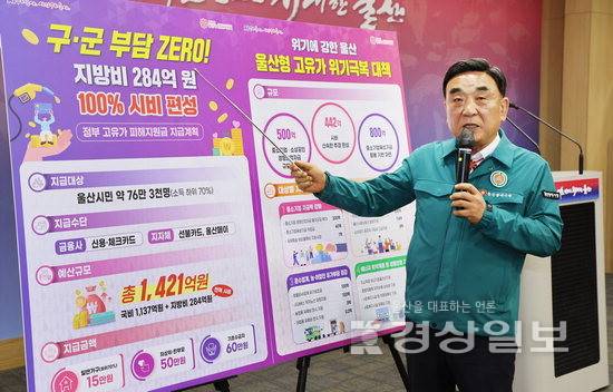 ▲ 김두겸 울산시장이 13일 울산시청 프레스센터에서 중동 정세 불안에 따른 고유가와 고물가 상황과 관련해 '울산형 고유가 위기극복 대책'을 발표하고 있다. 김동수기자 dskim@ksilbo.co.kr