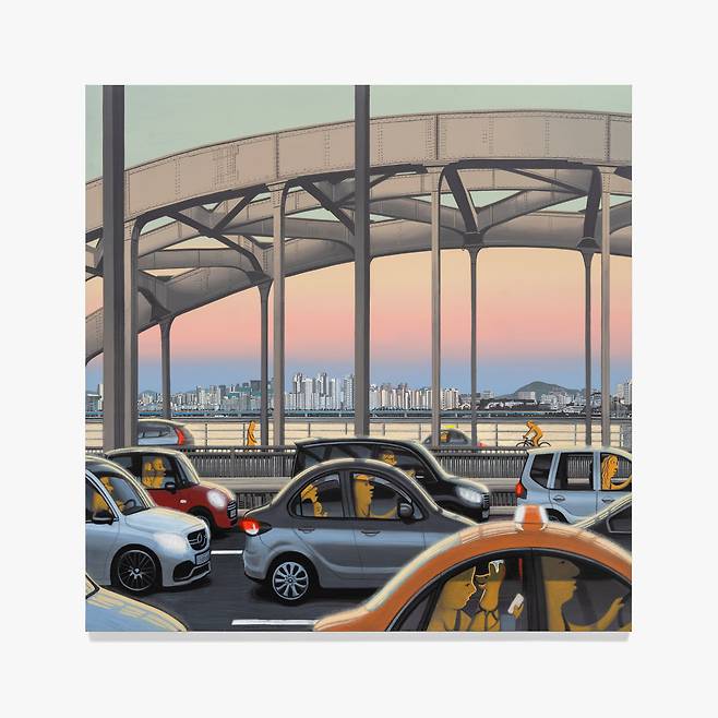 이우성, 퇴근길 한강대교, 2025, 캔버스에 아크릴릭, 아크릴릭 과슈, 130.5 × 130.5 cm