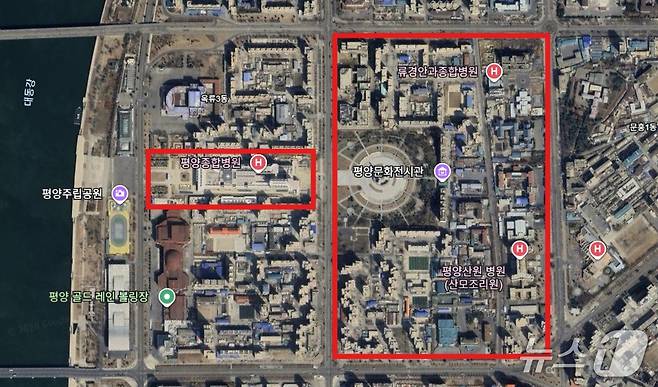 평양종합병원 오른쪽 동문1, 2동의 위치.(구글어스 갈무리)