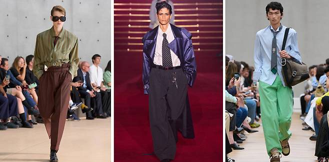 2026년 남성복 패션에서 넥타이를 활용한 다양한 연출법이 주목받고 있다. 격식을 상징하는 넥타이 연출법에 변화를 줌으로써 런웨이 관람객들이 기이함과 해방감을 느끼도록 했다. 왼쪽부터 생로랑, 윌리 차바리아, 디올 맨 패션쇼. 각 사 제공