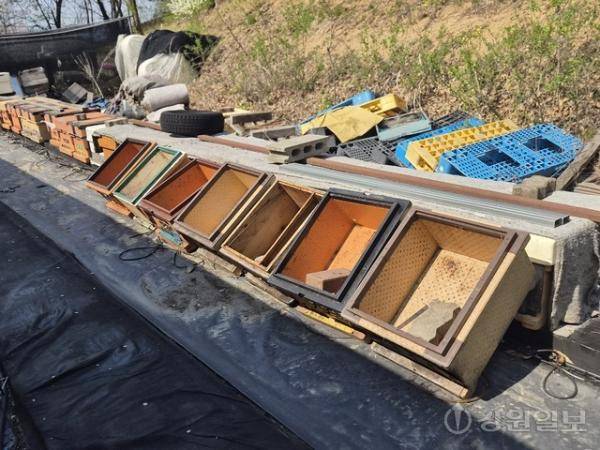 ◇15일 찾은 춘천시 신동면의 한 양봉장. 꿀벌이 사라진 벌통이 양봉장 밖에 일렬로 놓여있는 모습. 사진=고은기자