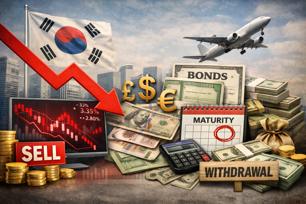 외국인이 국내 주식을 3개월 연속 대규모 순매도한 가운데 채권시장에서도 만기 도래 물량이 집중되며 재투자보다 회수 규모가 커져 주식과 채권에서 자금이 동시에 빠져나갔다. /chat GPT 생성 이미지