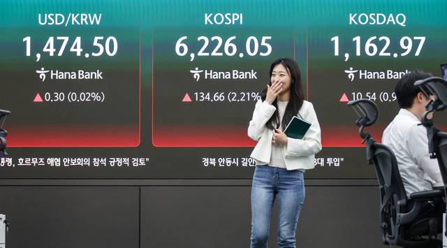 서울 중구 하나은행 딜링룸 현황판에 16일 코스피 지수 등이 표시되고 있다. 이날 코스피는 전 거래일 대비 134.66포인트 오른 6226.05, 코스닥은 10.54포인트 오른 1162.97로 마쳤다.