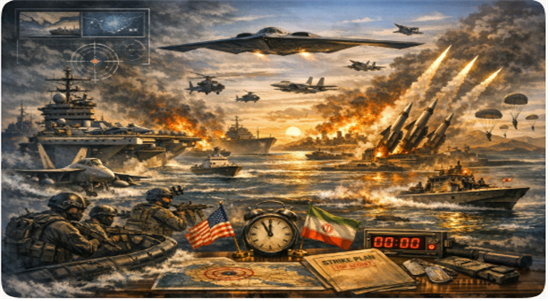 언제든지 급소를 타격할 준비된 트럼프의 군사력에 대한 상상도. 김태준 한반도안보문제연구소장 AI 그림