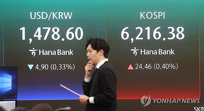 코스피, 상승 출발 (서울=연합뉴스) 박동주 기자 = 코스피가 상승 출발한 20일 서울 중구 하나은행 딜링룸에서 직원이 업무를 보고 있다. 2026.4.20 pdj6635@yna.co.kr