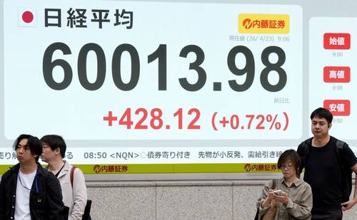 日닛케이지수 사상 처음으로 장중 60,000선 넘어 (교도=연합뉴스) 23일 오전 닛케이225 평균주가(닛케이지수)가 사상 처음으로 장중 60,000선을 돌파했다. 2026.4.23. evan@yna.co.kr