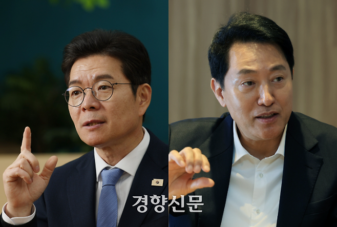 정원오(왼쪽부터) 더불어민주당 서울시장 후보와 오세훈 서울시장이 경향신문과 인터뷰를 하고 있다. 강윤중 기자·서성일 선임기자
