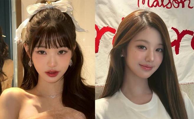 진한 블러셔와 립 컬러로 상큼발랄한 모습(왼쪽)과 MLBB 컬러로 톤을 맞춘 메이크업으로 우아한 무드를 선보인 모습. 사진=장원영 SNS