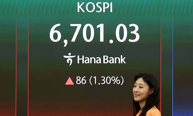 코스피가 전 거래일(6615.03)보다 31.77포인트(0.48%) 상승한 6646.80에 개장한 28일 서울 중구 하나은행 딜링룸에 코스피 시세가 보이고 있다. 뉴시스