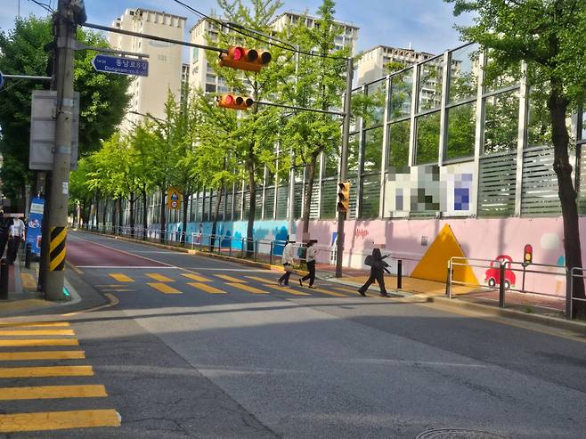 지난 29일 서울 송파구 문정동의 한 초등학교 스쿨존에서 시민들이 횡단보도를 지나고 있는 모습./사진=박상혁 기자.
