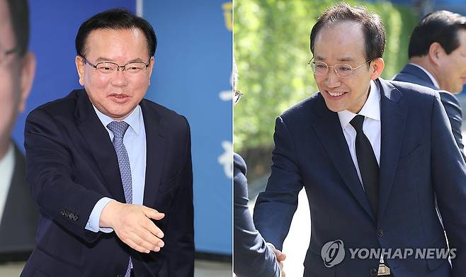 열전 돌입한 김부겸·추경호 (대구=연합뉴스) 김현태 기자 = 더불어민주당 김부겸 대구시장 예비후보(왼쪽 사진)가 지난달 27일 대구 달서구 선거사무소에서 열린 세 번째 공약 발표 회견에서 참석자들과 인사하는 모습. 같은 날 국민의힘 추경호 대구시장 예비후보가 대구 남구 대명동 충혼탑을 참배하기에 앞서 기초단체장 예비후보들과 인사하는 모습. 2026.4.27 mtkht@yna.co.kr