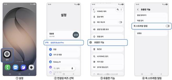 삼성전자의 '갤럭시 버즈'를 활용한 목 스트레칭 알림 기능 활성화 방법. 사진=삼성전자 홈페이지