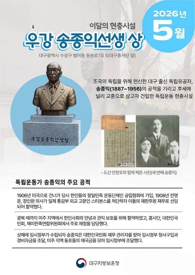5월 이달의 현충시설 ‘우강 송종익 선생 상’ 포스터.