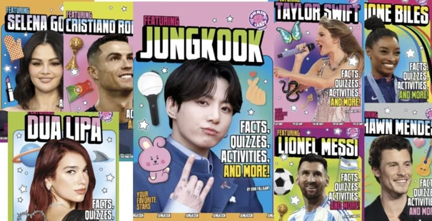 방탄소년단 정국이 한국 가수로는 최초로 미국의 초등학생 대상의 교육 도서인 '브레인 캔디 북스' 2026년 시리즈에 리오넬 메시, 셀레나 고메즈, 크리스티아누 호날두 등과 함께 주인공으로 선정됐다./사진=온라인 커뮤니티 캡처