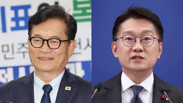 인천 연수갑 국회의원 보궐선거에 출마한 민주당 송영길 후보(왼쪽)와 계양을 보궐선거에 나선 민주당 김남준 후보. 사진: 연합뉴스