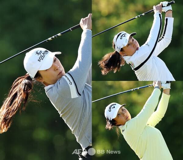 2026년 미국여자프로골프(LPGA) 투어 미즈호 아메리카스 오픈에 출전한 윤이나 프로, 지노 티띠꾼(태국), 인뤄닝(중국)이 1라운드에서 경기하는 모습이다. 사진제공=ⓒAFPBBNews = News1 (사진을 무단으로 사용하지 마십시오.)