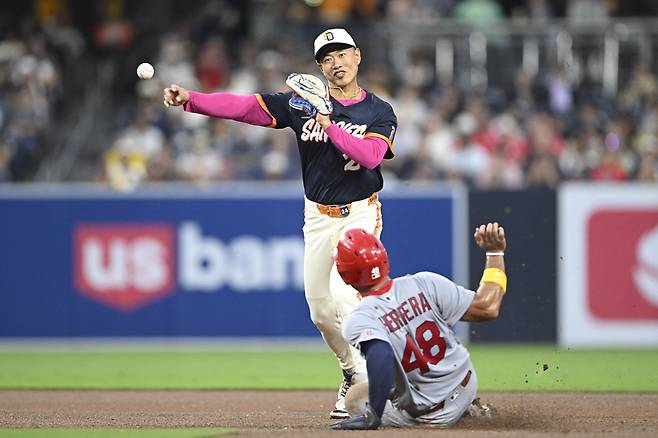 May 8, 2026; San Diego, California, USA; San Diego Padres second baseman Sung-Mun Song (24) attempts to turn a double play over St. Louis Cardinals catcher Ivan Herrera (48) during the fourth inning at Petco Park. Mandatory Credit: Denis Poroy-Imagn Images
<저작권자(c) 연합뉴스, 무단 전재-재배포, AI 학습 및 활용 금지>