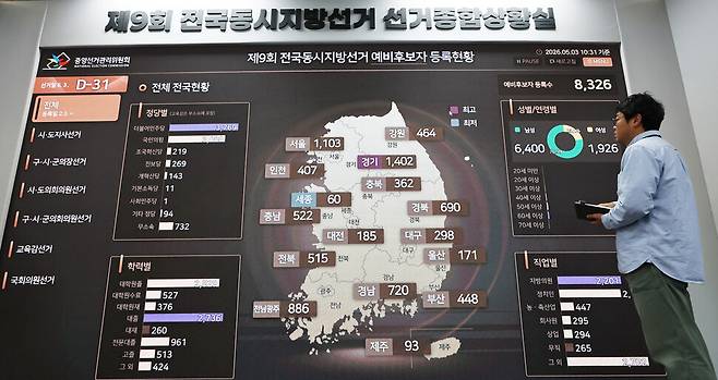 제9회 전국동시지방선거를 한 달 앞둔 2026년 5월3일 경기도 과천 중앙선거관리위원회 종합상황실에서 한 직원이 업무를 보고 있다. 연합뉴스
