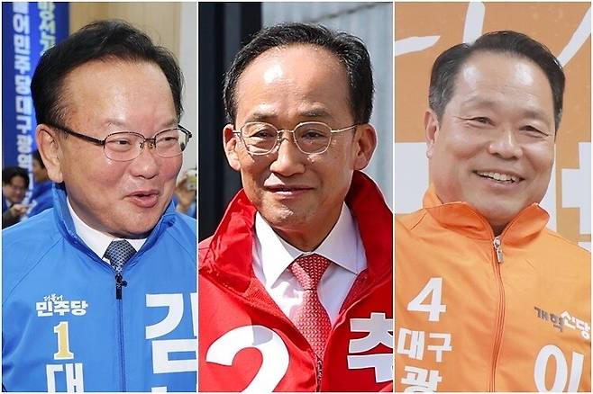 (왼쪽부터) 김부겸 더불어민주당 대구시장 후보, 추경호 국민의힘 후보, 이수찬 개혁신당 후보. 연합뉴스