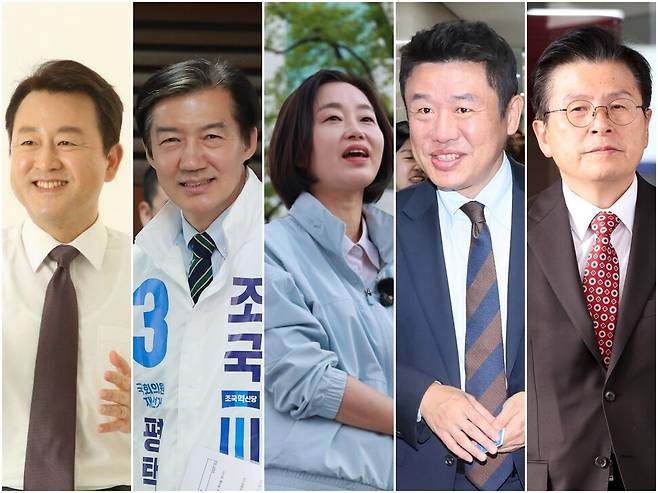 (왼쪽부터) 김용남 더불어민주당 경기 평택을 후보, 조국 조국혁신당 후보, 김재연 진보당 후보, 유의동 국민의힘 후보, 황교안 자유와혁신 후보. 김용남 후보 페이스북, 연합뉴스, 진보당, 연합뉴스, 김영원 기자 forever@hani.co.kr