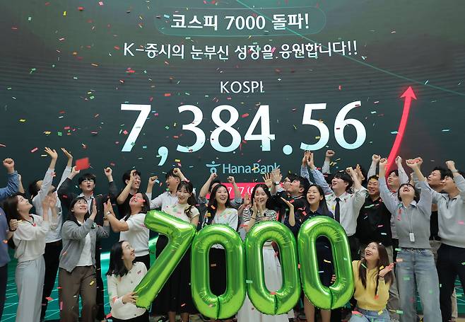 코스피가 사상 처음으로 종가 기준 7,000선을 돌파하며 장을 마친 6일 오후 서울 중구 하나은행 딜링룸에서 딜러들이 축하 세리머니를 하고 있다. 강윤중 선임기자