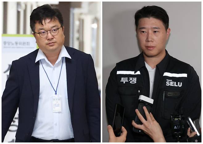 12일 정부세종청사 중앙노동위원회(중노위)에서 삼성전자 노사의 2차 사후조정 회의가 진행됐다. 이날 중노위 조정회의실로 향하는 삼성전자 대표교섭위원 김형로 삼성전자 부사장(왼쪽 사진)과 최승호 초기업노동조합 삼성전자지부 위원장(오른쪽 사진 가운데)의 모습. 세종=박형기 기자, 뉴시스