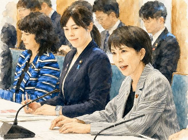 다카이치 사나에 총리가 지난해 11월 4일 총리 관저에서 처음 열린 외국인 정책 관련 관계 각료 회의에서 발언하는 모습. 왼쪽은 오노다 기미 외국인 공생 담당상. 실제 사진을 생성형 인공지능(AI)으로 일러스트화한 이미지입니다.