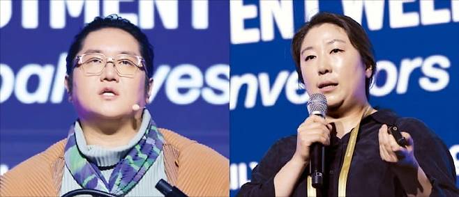 최용호 갤럭시코퍼레이션 대표(왼쪽 사진)와 이예슬 인코오드 상무가 15일 서울 장충동 신라호텔에서 열린 ‘코리아 인베스트먼트 위크(KIW) 2026’에서 발표하고 있다. /김범준 기자