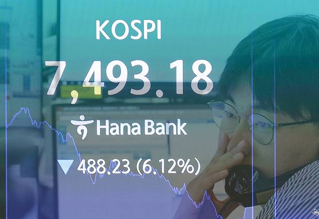 코스피가 장중 사상 처음으로 8000포인트를 돌파했다가 7490선에서 거래를 마감한 15일 오후 서울 중구 하나은행 본점 딜링룸에서 딜러가 업무를 보고 있다./뉴스1