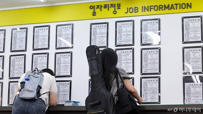(서울=뉴스1) 김성진 기자 = 지난달 취업자 수가 7만4천명 늘어나는 데 그치고 고용률은 하락 전환했다. 13일 국가데이터처가 발표한 '2026년 4월 고용동향'에 따르면 지난달 취업자는 2896만1000명으로 전년 동월 대비 7만4000명 증가했다. 청년층(15∼29세)에서 취업자는 19만4천명 줄고, 고용률은 1.6%p 하락한 43.7%를 기록했다. 청년 고용률은 작년 8월(-1.6%p) 이후 가장 큰 폭으로 떨어졌다. 사진은 13일 서울 마포구 서울서부고용복지플러스센터 일자리정보 게시판 모습. 2026.5.13/뉴스1 Copyright (C) 뉴스1. All rights reserved. 무단 전재 및 재배포, AI학습 이용 금지. /사진=(서울=뉴스1) 김성진 기자
