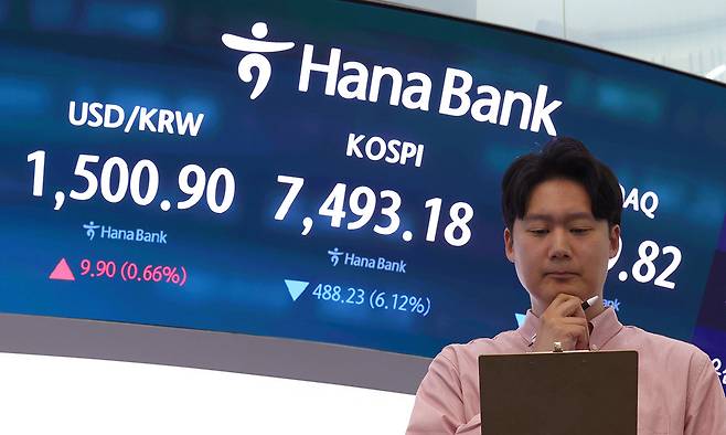 15일 서울 중구 하나은행 딜링룸 전광판에 코스피 등이 표시돼 있다. 뉴시스