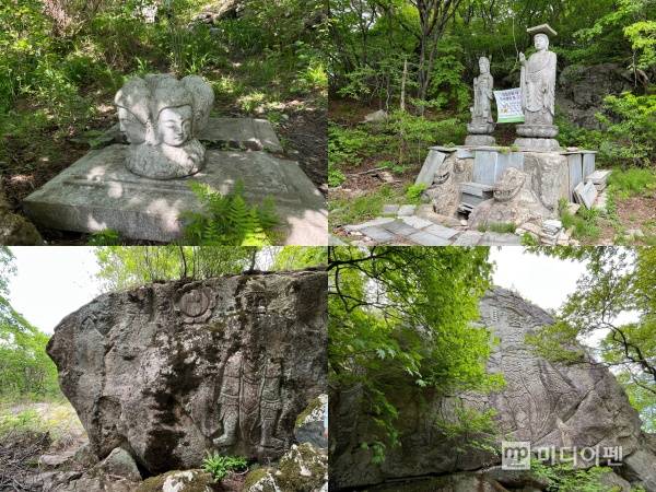 미륵봉 기도터 불상들과 바위에 새겨진 조각들./사진=미디어펜 유태경 기자
