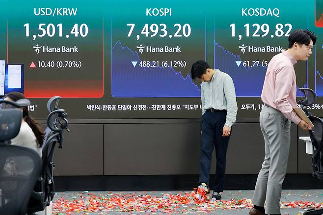 지난 15일 코스피 지수는 장중 사상 처음 8000포인트를 돌파했다. 하지만 사상 최고점을 돌파한 직후 하락 전환해 6% 급락 마감했다. 15일 오후 서울 중구 하나은행 본점 딜링룸에서 직원들이 코스피 8000포인트 돌파를 축하하며 뿌렸던 색종이를 치우고 있다./뉴스1