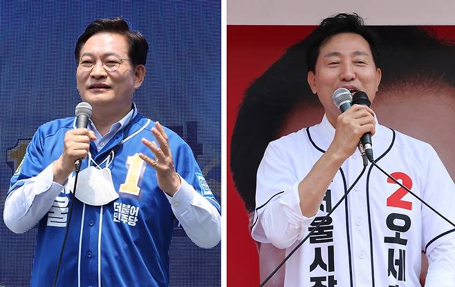 송영길 더불어민주당 서울시장 후보(왼쪽)와 오세훈 국민의힘 서울시장 후보가 제7회 지방선거를 앞둔 2022년 5월 서울 시내에서 유세하고 있다. 연합뉴스