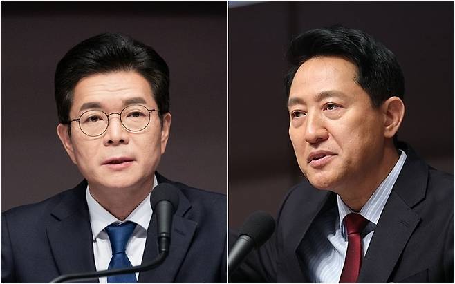 ▲정원오 더불어민주당 서울시장 후보(왼쪽)와 오세훈 국민의힘 서울시장 후보(오른쪽)가 20일 서울 중구 한국프레스센터에서 열린 관훈클럽 초청 토론회에서 서울시정 구상과 주요 현안에 대한 입장을 밝히고 있다. 사진=정원오 캠프, 연합뉴스