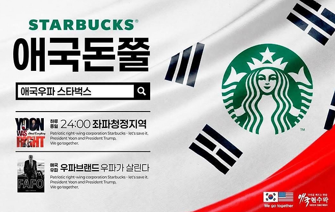 20일 온라인에 퍼지고 있는 극우 성향 게시물. 5·18 민주화운동 모욕 논란에 휩싸인 스타벅스를 '돈쭐('돈'과 '혼쭐'을 합성한 속어로, 선한 영향력을 행사한 기업에 착한 소비로 보답한다는 의미) 내주겠다'며 지지하는 내용을 담고 있다. 스레드 캡처