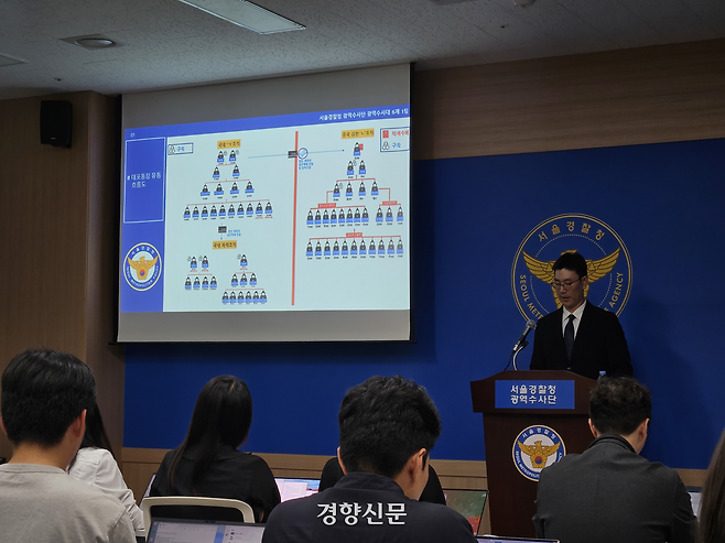 경찰 관계자가 20일 서울 마포구의 서울경찰청 마포 청사에서 수사 브리핑을 진행하고 있다. 박채연 기자